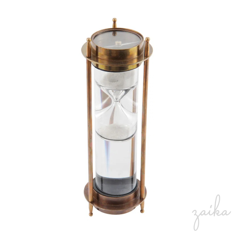 AMPULHETA EM VIDRO E METAL BRONZE