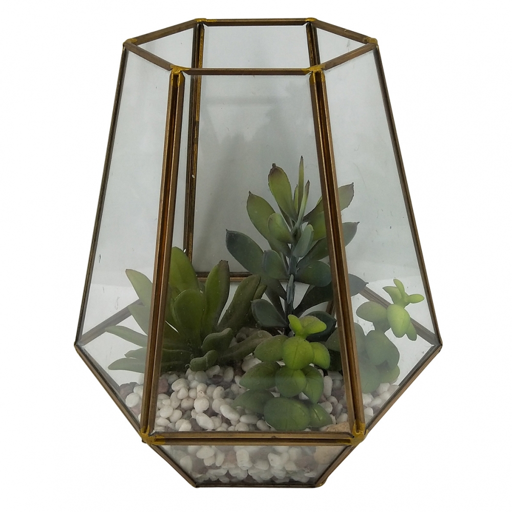TERRÁREO EM VIDRO COM METAL DOURADO E VERDES