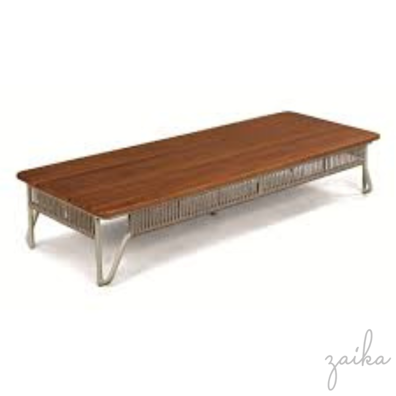 MESA DE CENTRO ESTRUTURA ALUMINIO TAMPO RIPADO MADEIRA  DETALHE CORDA NAUTICA