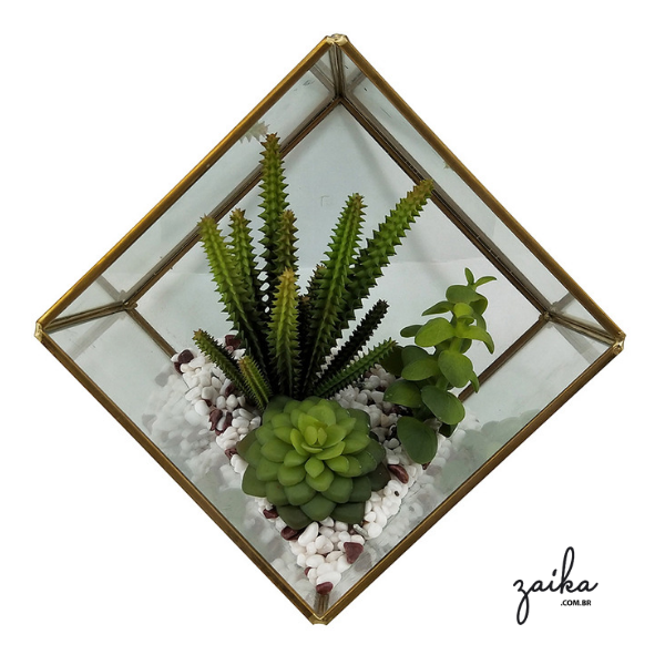 TERRÁREO EM VIDRO COM METAL DOURADO E VERDES