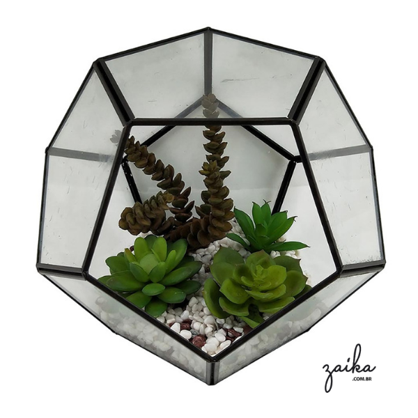 TERRÁREO EM VIDRO COM METAL PRETO E VERDES