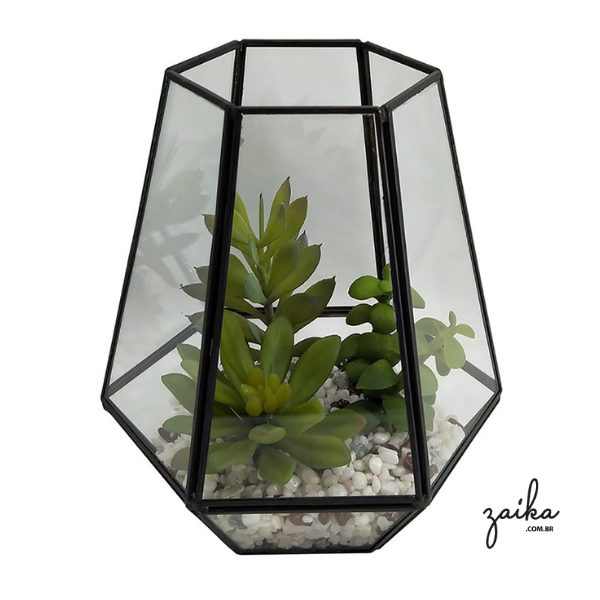 TERRÁREO EM VIDRO COM METAL PRETO E VERDES
