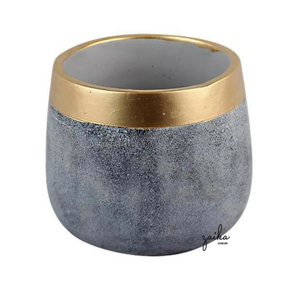 CACHEPOT ACINZENTADO E BORDA DOURADA