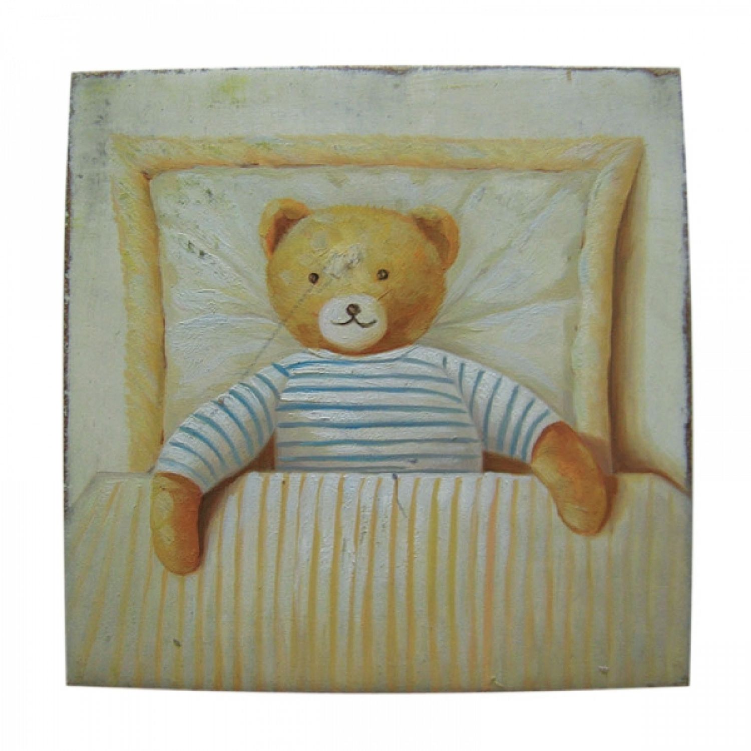QUADRO DECORATIVO BEBE OU INFANTIL, QUADRADO, COM ESTAMPA DE URSO NA CAMA.