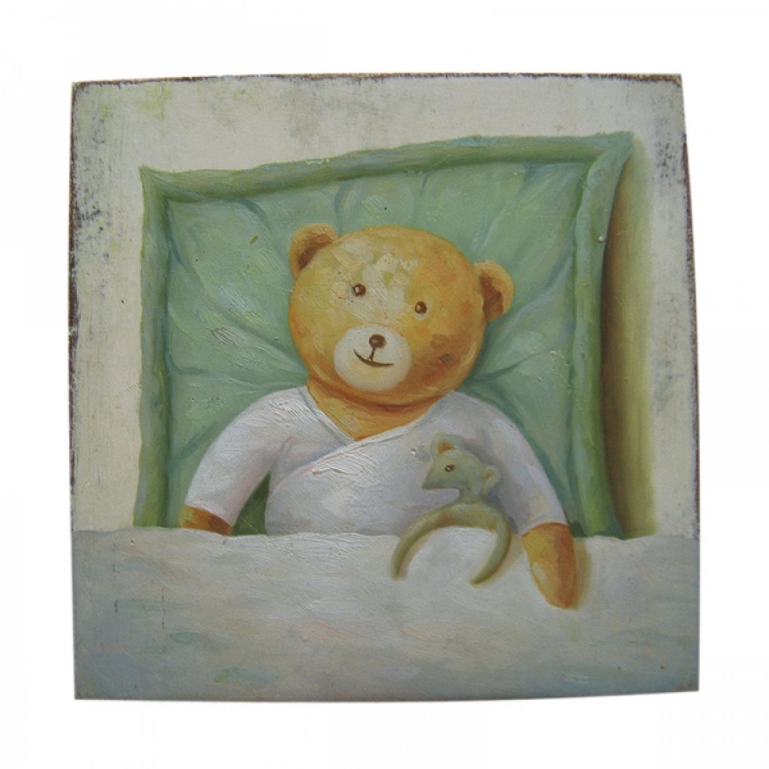 QUADRO DECORATIVO BEBE OU INFANTIL, QUADRADO, COM ESTAMPA DE URSO NA CAMA.