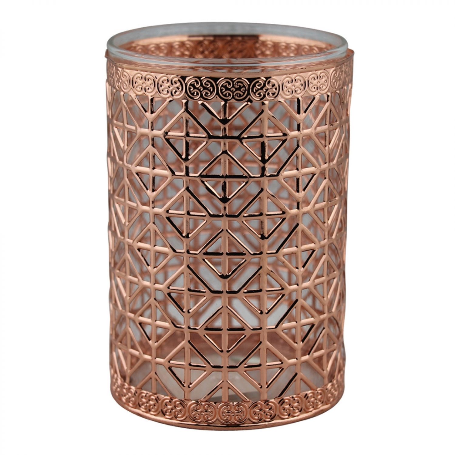 CASTIÇAL EM METAL BRONZE OU PRATA COM VIDRO.